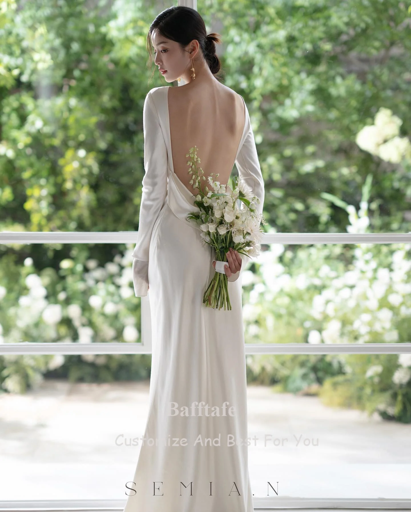 Bafftafe Simple Silk Satin Korea Wedding Dresses For Bride Long Sleeves Sexy Backless Wedding Photo Shoot Long Bridal Gowns 2024