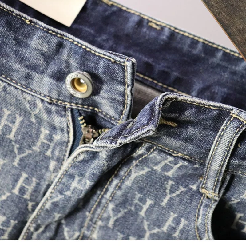 European and American Fashion Brand Cowboy Middle Pants Men\'s Five-Point Shorts Non-Fading Washed Printed Denim Shorts