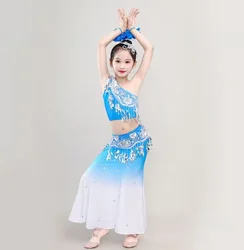 1set/lot children chinese folk dancing costume girl dai dance fishtail costumes top and skirt