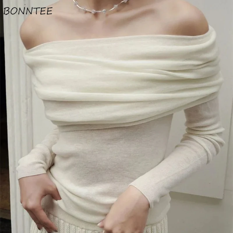 Slim Pullovers Women Korean Fashion Knitted Classy Solid Slash Neck Off-shoulder All-match Trendy Ins Spring Sweaters Sexy Girls