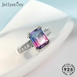 Jellystory 925 Sterling Silver Tourmaline Rings For Women Simple 8*10mm Rectangle Shape Wedding Anniversary Fine Finger Jewelry