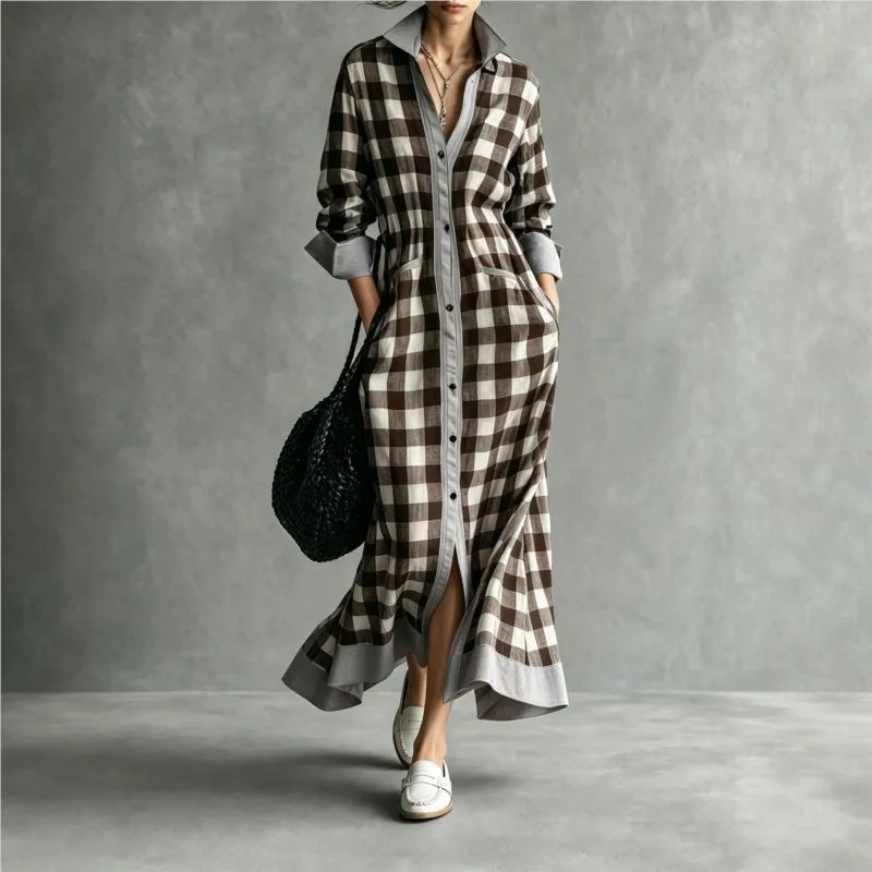 Lässige, lockere Gingham-Hemdkleider mit Taschen, Frühling/Herbst, Damen, Revers, lange Ärmel, Knopfleiste, Cardigan-Maxikleid, Urlaubs- und Partykleid
