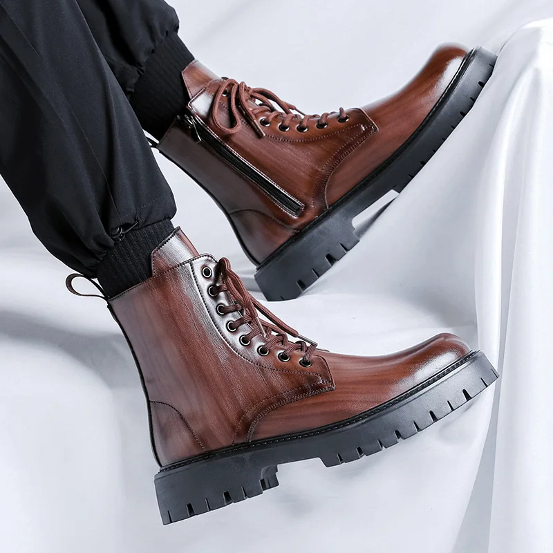 men fashion genuine leather boots lace-up black brown shoes cowboy platform boot big size handsome high motorcycle botas hombre - view 2
