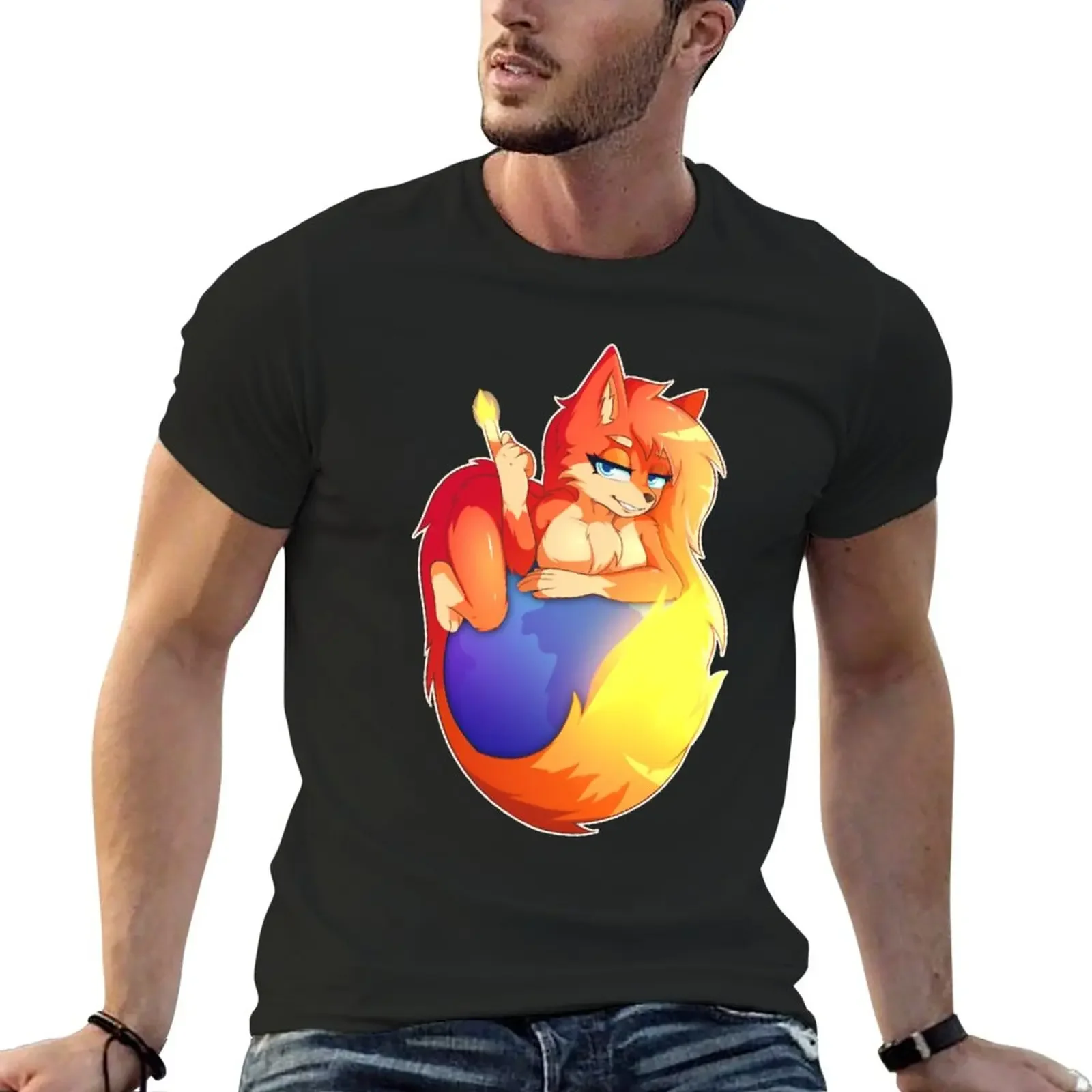 FireFox Furry T-Shirt sweat Short sleeve tee t shirts for men graphic Summer fashion New Arrival Cotton heavyweight Round Collar