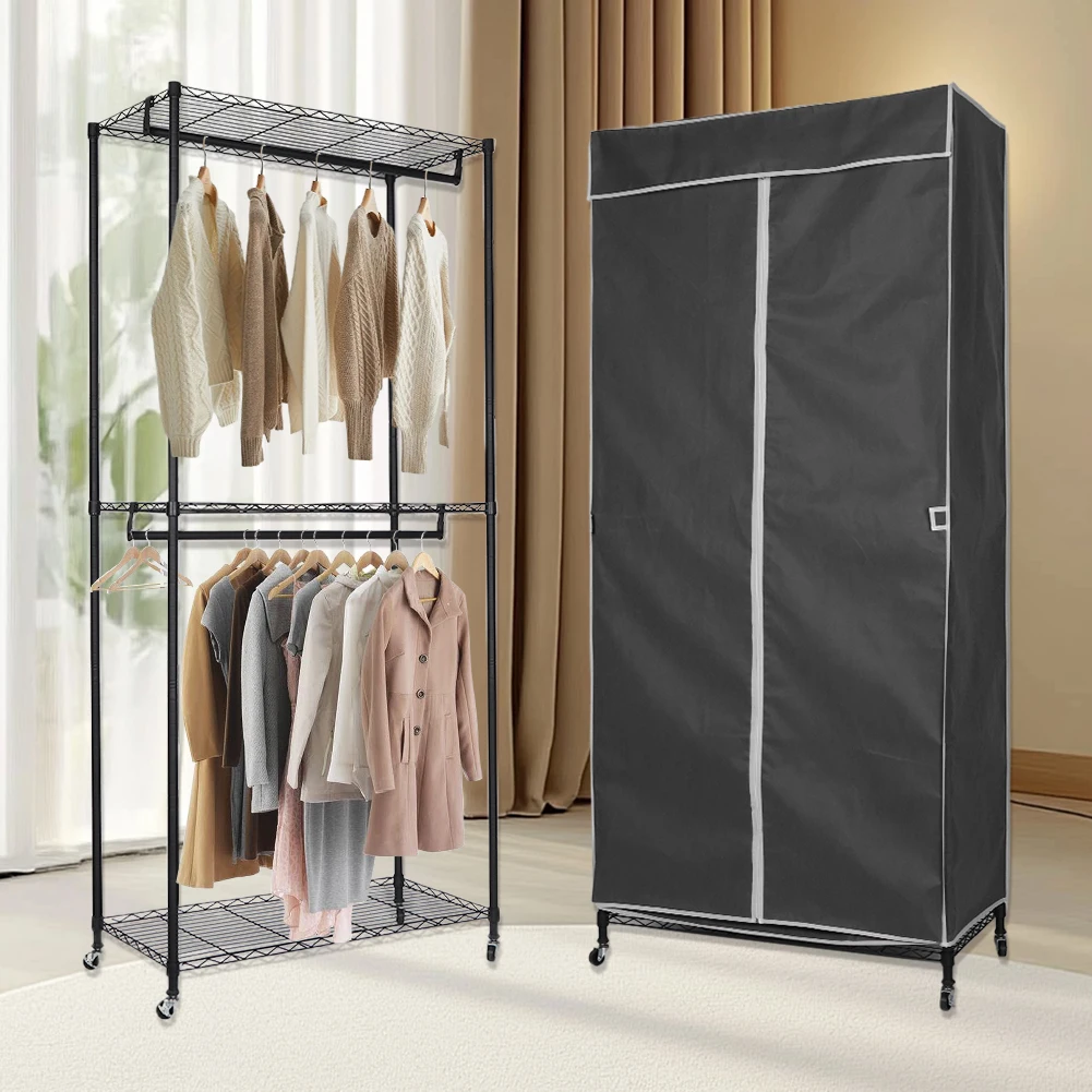 

Hanging Rod Clothes Rack with Wheels Multifunctional Heavy Duty Garment Rack with Cover for Hanging Clothes