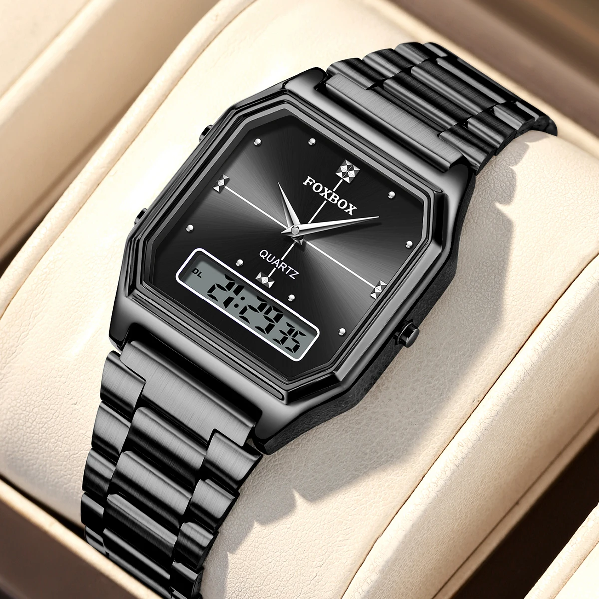 

Часы FOXBOX Luxury Quartz для женщин, квадратные, стальные, водонепроницаемые, с двойным временем, спортивные, повседневные, цифровые, женские наручные часы.