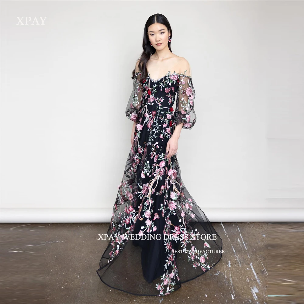 XPAY Elegant Off Shoulder Black Floral Printed Evening Dresses Puff Long Sleeves Corset Back Prom Gowns Wedding Photo shoot