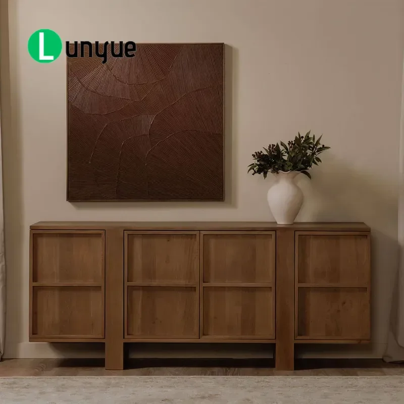 Medieval Style Solid Oak Dining Side Cabinet Handleless 4 Door E0 Grade Freestanding Storage Locker for Living Room Household