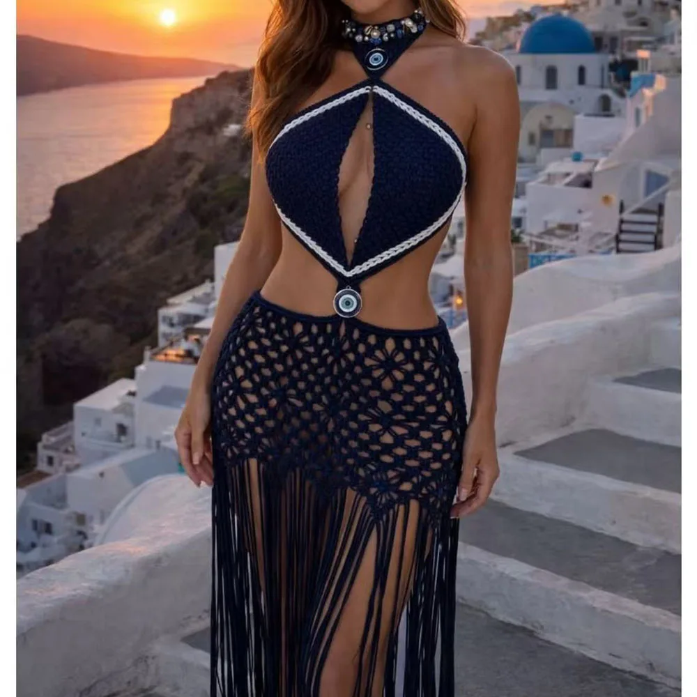 Beachapche Macrame Women's Handmade Crochet Halter Maxi Dress Cutout Waist Fringed Hem Beach Party Outfit