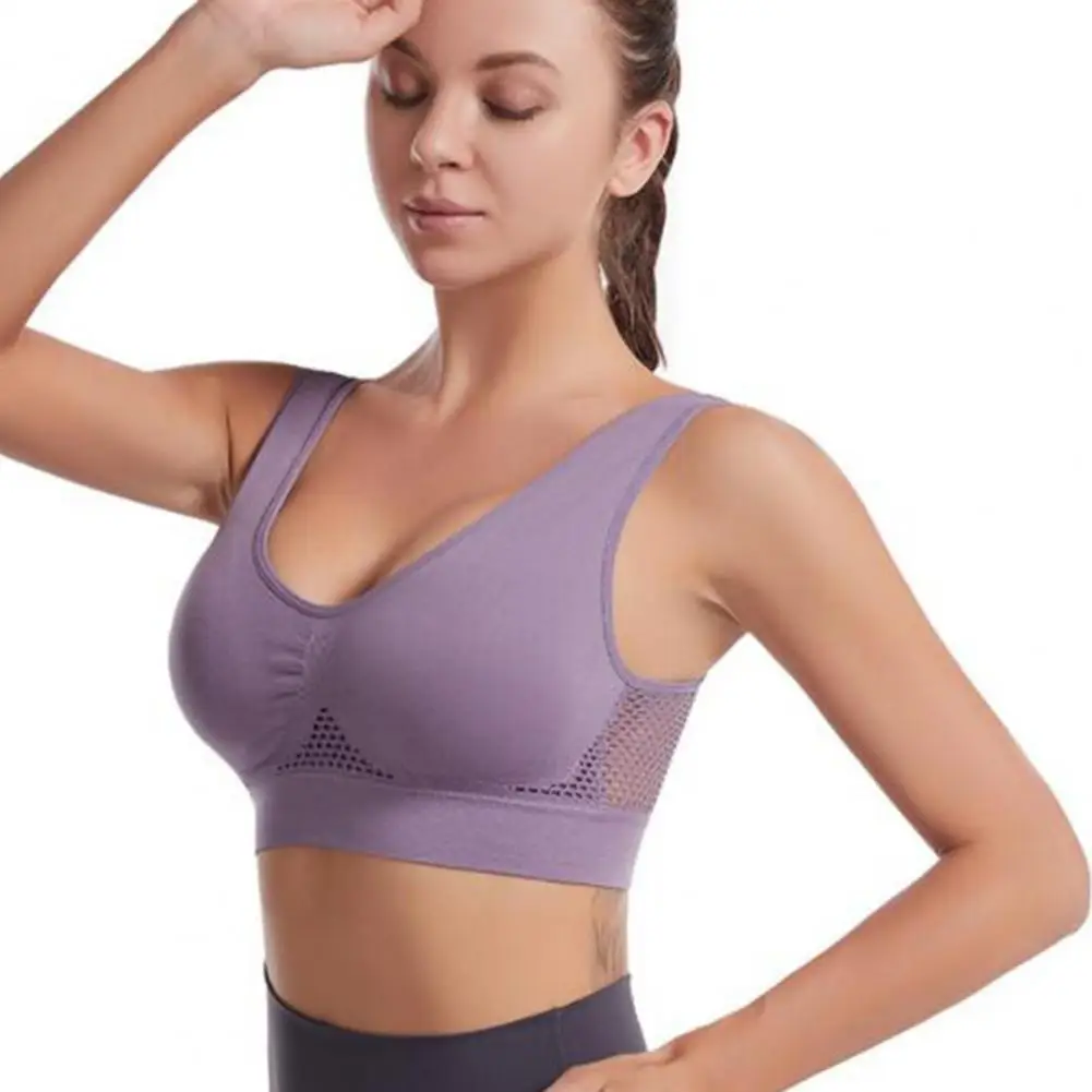 Women Brassiere U-Neck Wide Shoulder Strap High Elasticity Shockproof Sports Bra Women Hollow Mesh Back Yoga Vest Bra