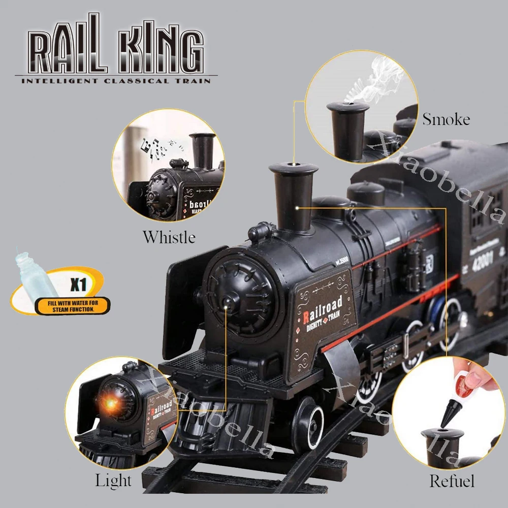 Rei Ferroviário Elétrico Clássico Trem De Passageiros, Simulação Locomotiva a Vapor De Água, Playset, Bateria, Som De Fumaça