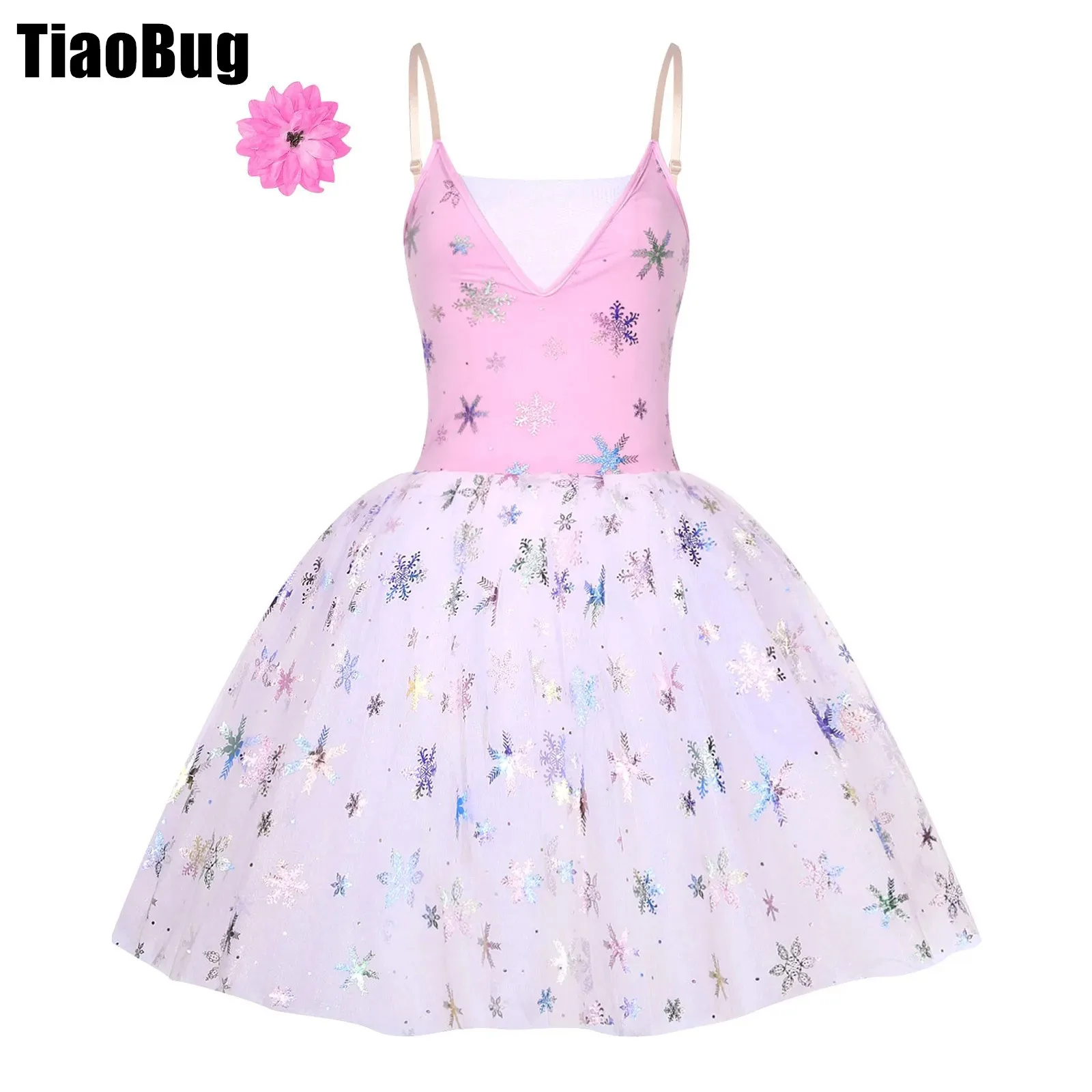 Womens Ballet Dance Tutu Dress Shimmering Snowflake Print Adjustable Shoulder Straps Tulle Dresses with Flower Hair Clip