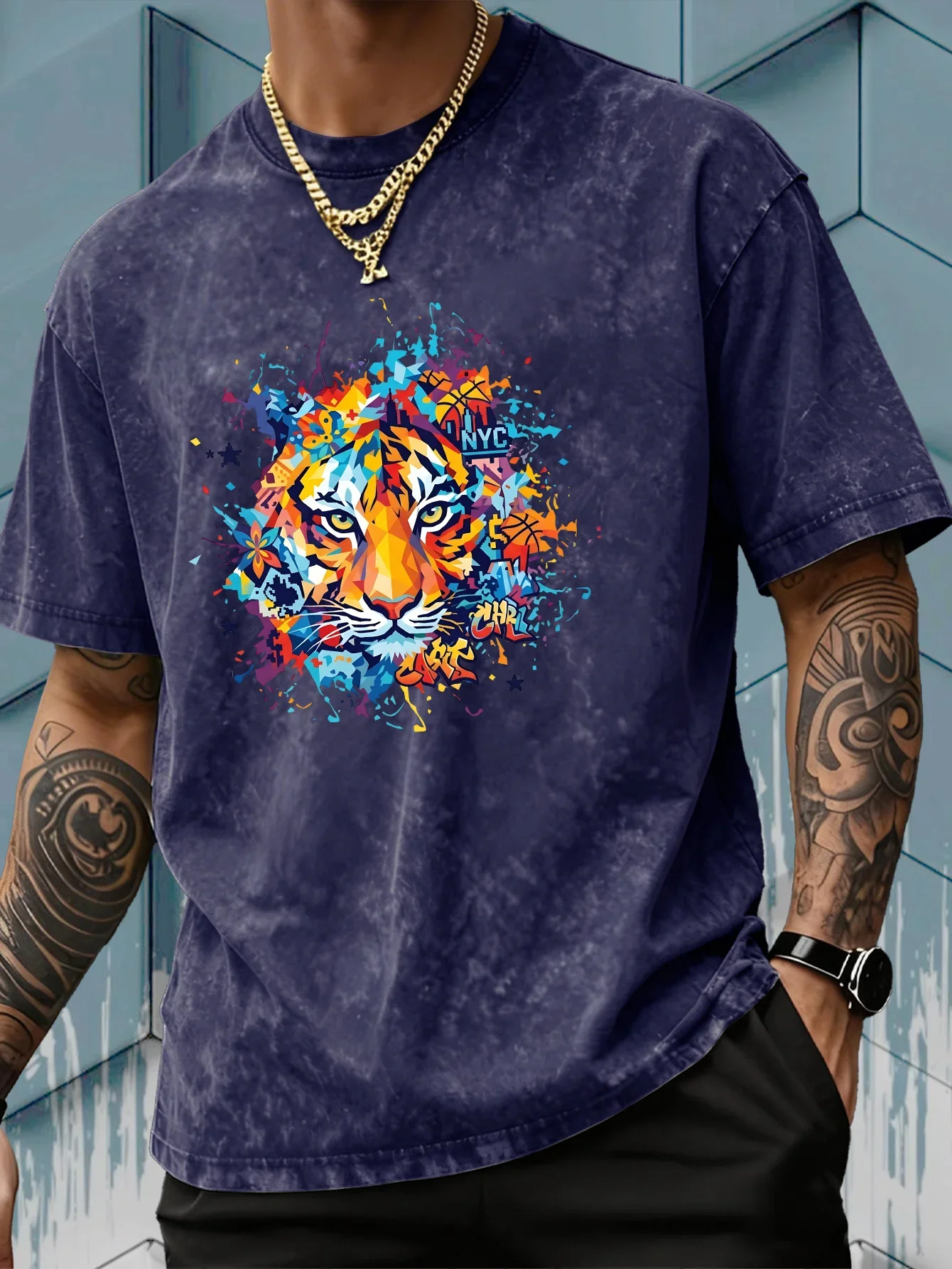Men's American Streetwear T-shirt Tiger Double Sided Print Vintage Washed Short Sleeve Casual All Match Cotton Graphic S-3XL