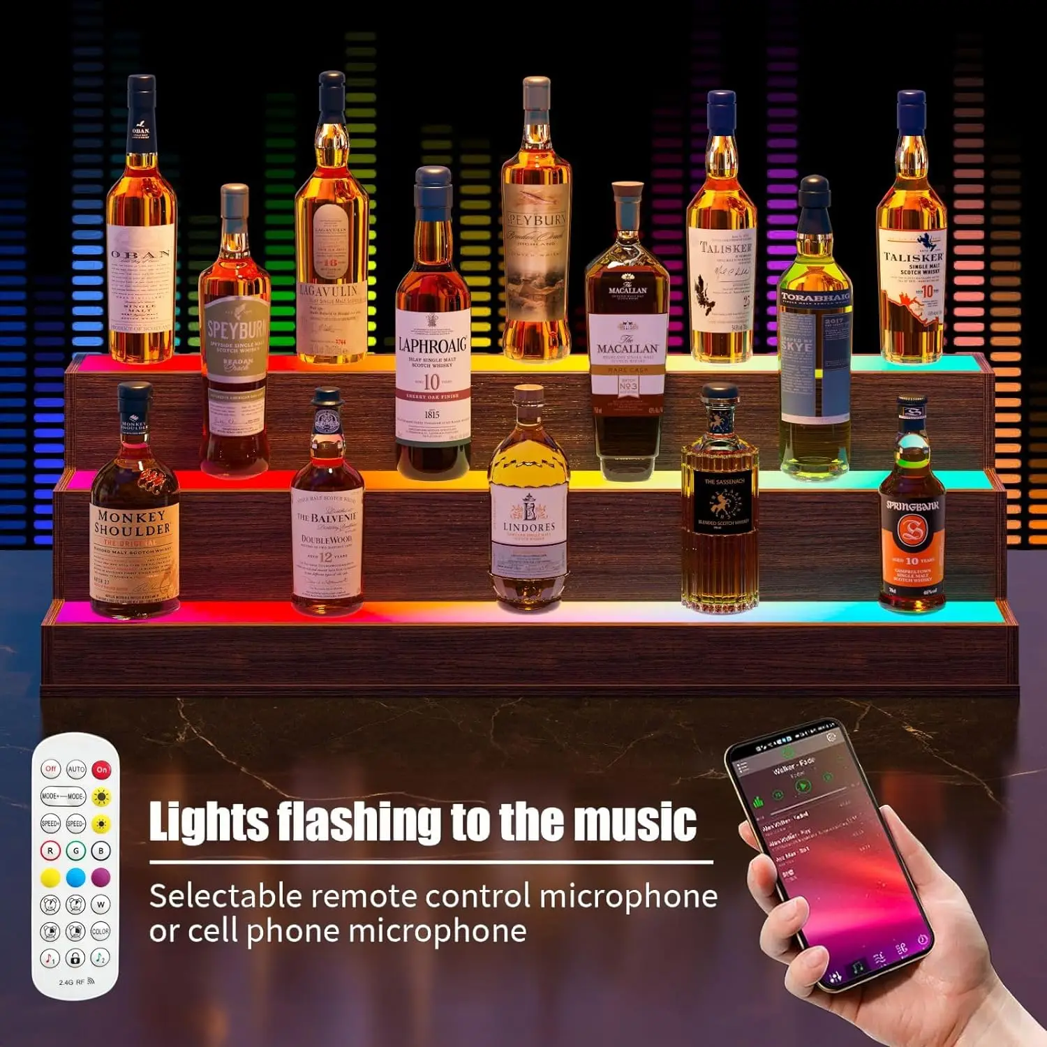 LED Lighted Liquor Bottle Display Shelf, 24 Inch Bar Display Shelf with App & Remote Control 3 Tier for Home Bar, Party, Walnut