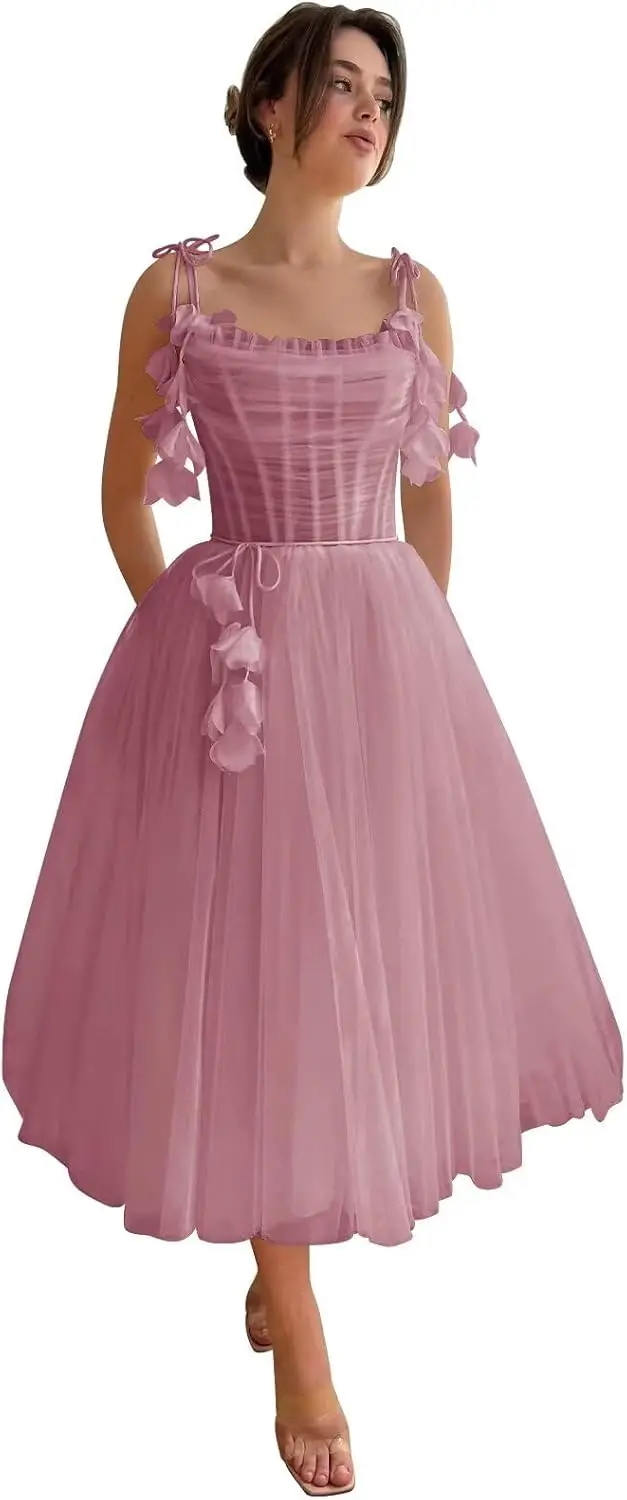 

Tulle Corset Prom Tea Length Dresses with Flowers A-Line Spaghetti Straps Formal Cocktail Gowns Evening Dress Prom Party Dresses