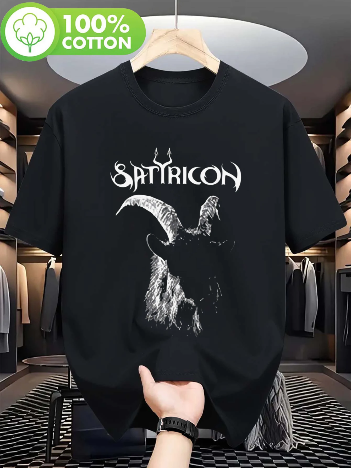 Black Pure T-Shirt Featuring a Satyricon Goat Head Design for Both Men And Women, Suitable for Concerts, Gym Sessions, And Outdoor Activities. This Loose-Fitting