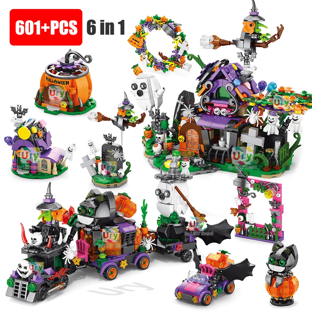 

6in1 Friends House City Halloween Villa Steam Train Pumpkin Head Tombstone Ghost Car MOC Building Blocks Toy for Children Gifts