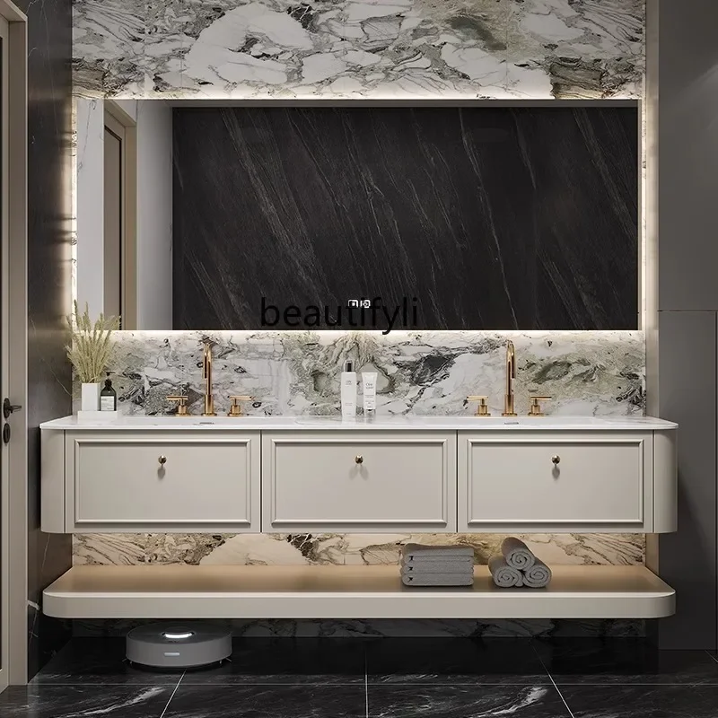 French light luxury bathroom cabinet combination oak sink, rock slab seamless integrated sink45