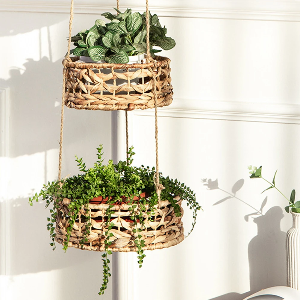 

Rattan Woven Hanging Basket Durable Storage Decor Flower Basket Simple Practical Wall Mounted Space Saving