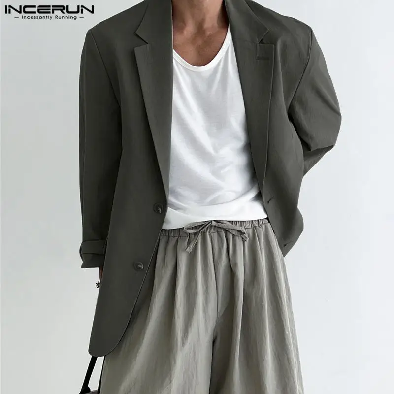 

INCERUN 2024 Men Blazer Solid Color Lapel Long Sleeve Streetwear Fashion Button Casual Suits Men Elegant Leisure Thin Coats 5XL