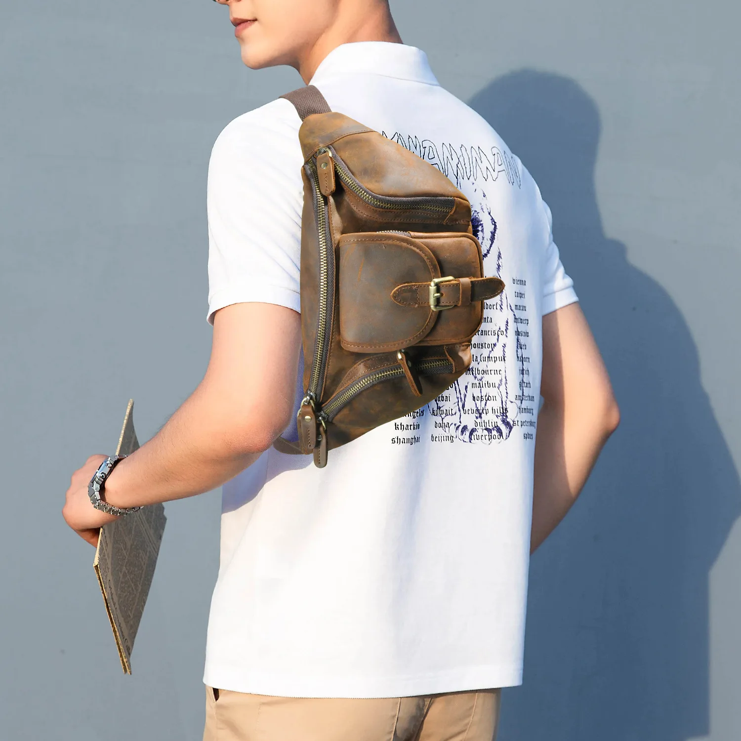 Men's Vintage Genuine Leather Crossbody Bag - Adjustable Waist Chest Pack for Outdoor Hiking Travel, Casual Sports Fanny Pack