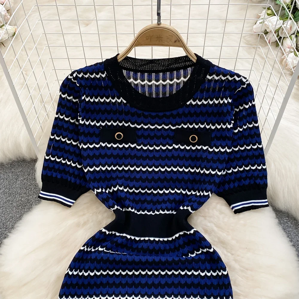 Blue Women Casual Knitted Loose Dress O Neck Short Sleeves Strip High Elastic Streetwear Korean Style Bodycon Maxi Sundress