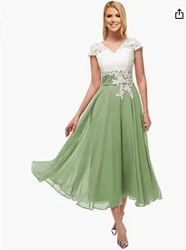 Zomer Chiffon Avondjurken A Line V-Hals Korte Mouwen Kant Appliques Top Klassieke Thee Lengte Moeder Van De Bruid Jurken