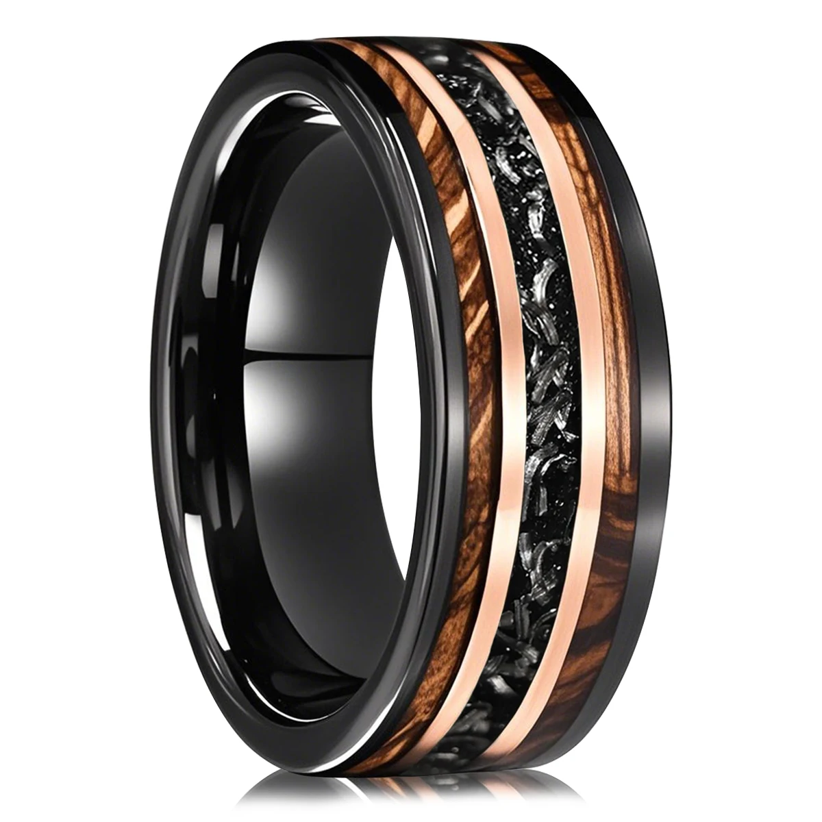 8MM Black Tungsten Men's Wedding Bands Fashion Engagement Promise Daily Anniversary Rings Inlaid Barrel Wood & Meteorite Ring