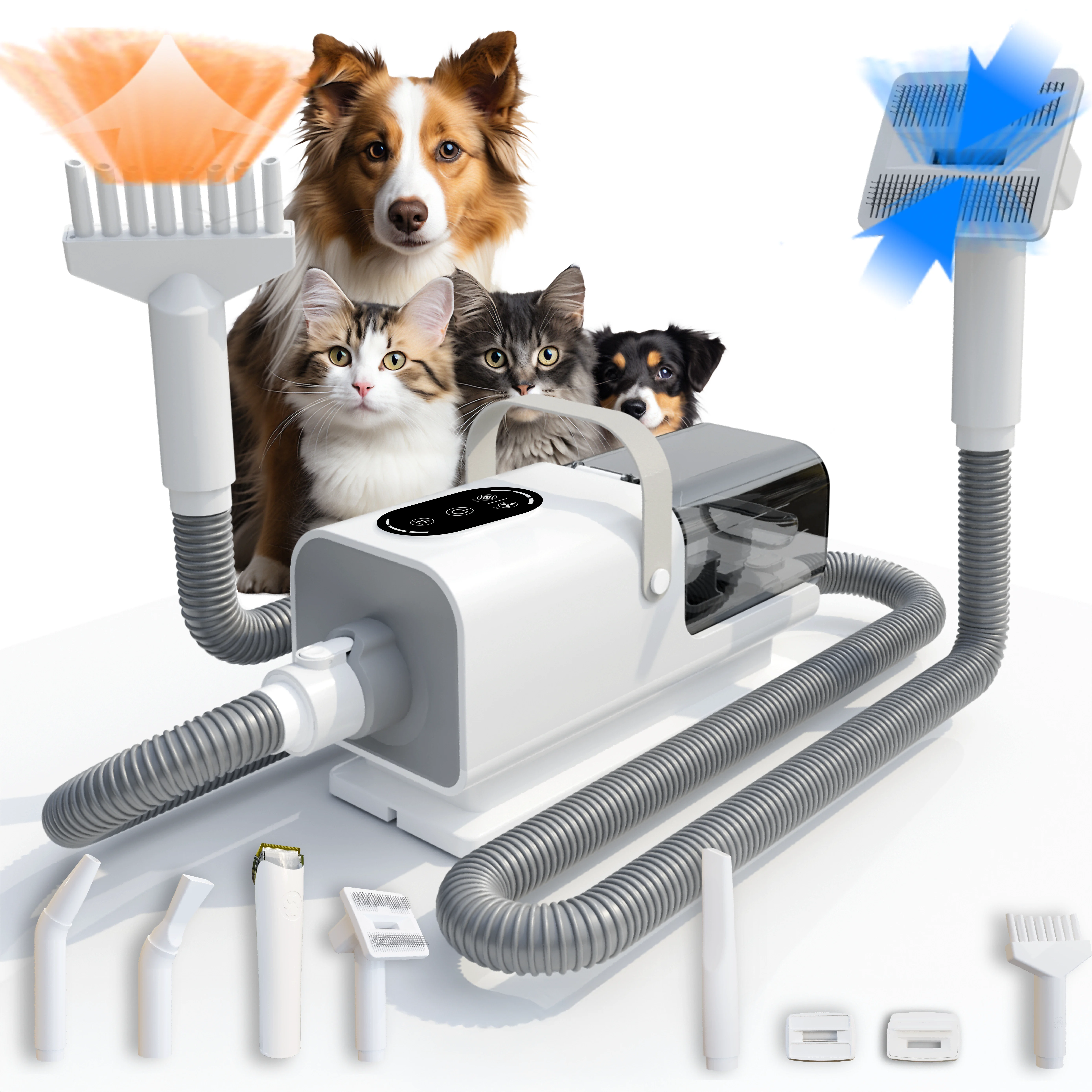 13kpa Suction 9-in-1 Pet Grooming Vacuum Kit Smart Thermostat LED Touch Panel 2.2L Quiet Dog Cat Hair Dryer Groomer Clipper
