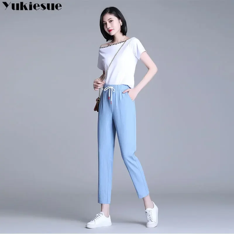 Летние хлопковые льняные брюки в стиле Харадзюку с высокой талией, женские капри-шаровары для женщин, мешковатые брюки на шнуровке, женские брюки