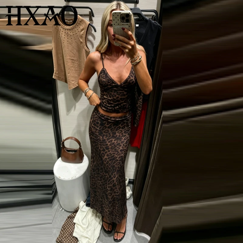 HXAO Leopard Print Tulle Skirt Set Women's Two Pieces Set Crop Slip Top Elegant Women's Set Chic Mesh Mid Waist Long Skirt Suits