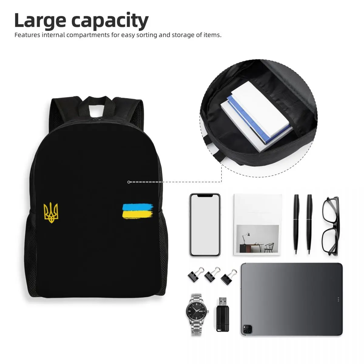 Custom Ukrainian Flag Stripe Travel Backpack School Computer Bookbag Coat Of Arms Of Ukraine Tryzub College Student Daypack Bags