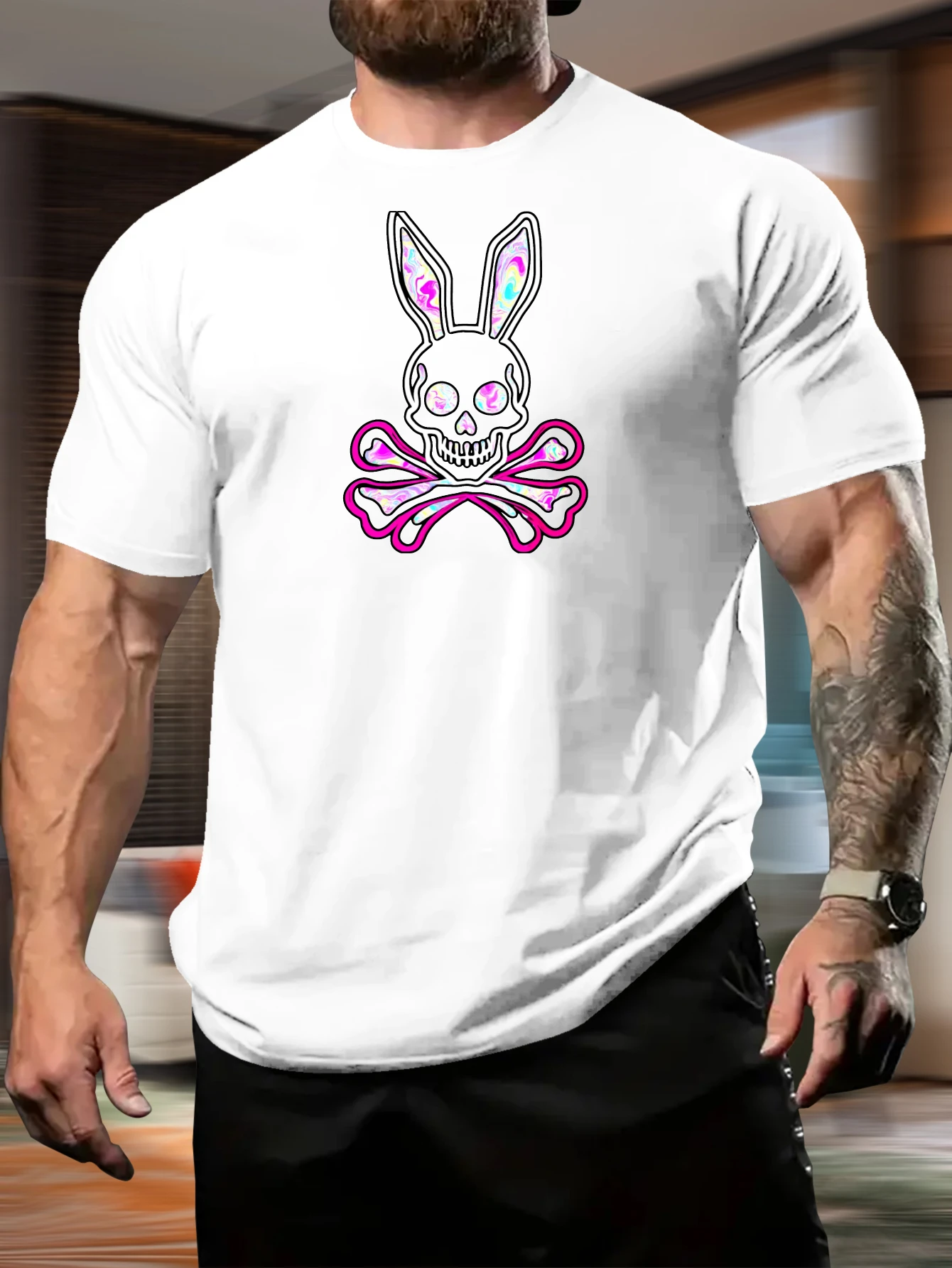 

Мужская футболка с коротким рукавом — вышитый узор «Череп кролика» — повседневная модная одежда — дышащий и универсальный топ из чистого хлопка