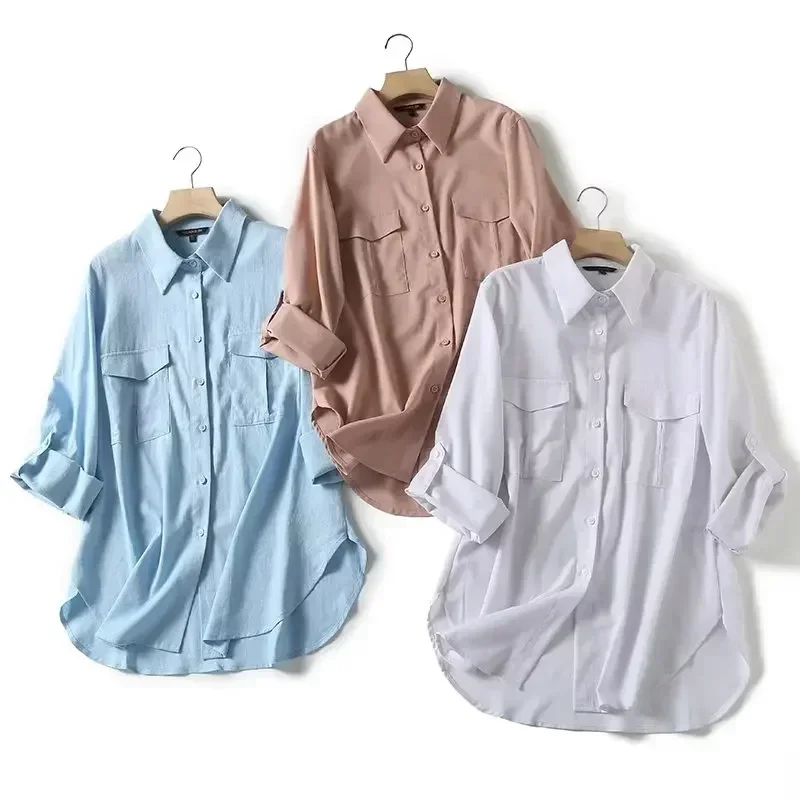 

Women's 2023 Fashion New Three-color Temperament Pocket Decoration Blouses Retro Long-sleeved Button Blouses Chic Tops.