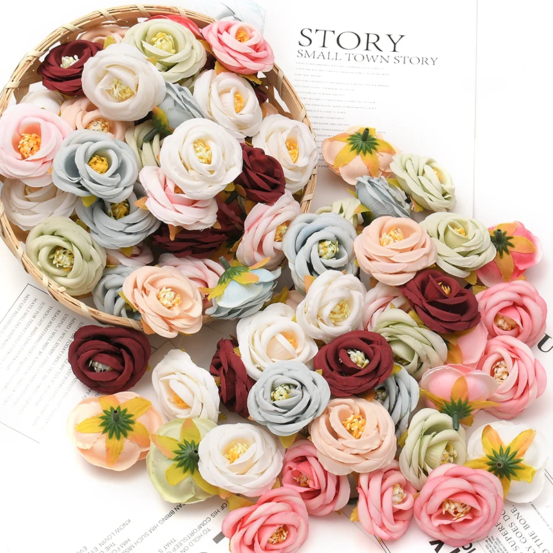 100pcs/4cm Camellia Bud Artificial Rose Silk Flower Heads Wedding Decoration DIY Wreath Gift Box Scrapbooking Craft Fake Flowers