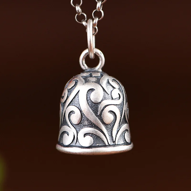 BOCAI New S925 Sterling Silver Jewelry Retro Matte Tang Grass Pattern Bell Pendant Selected Birthday Gift