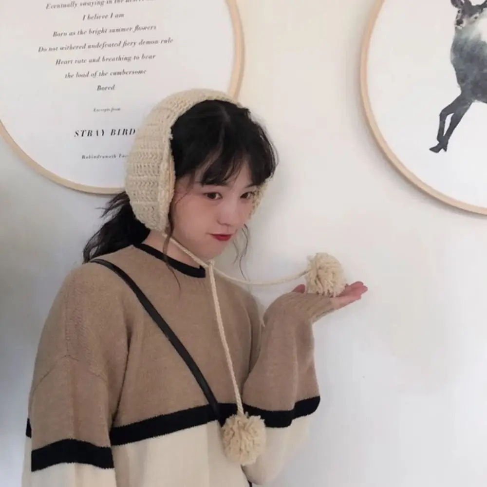 Handmade Korean Style Y2k Plush Earmuffs Solid Color Thicken JK Knitted Earflap Outdoor Riding Winter Ear Cover Women