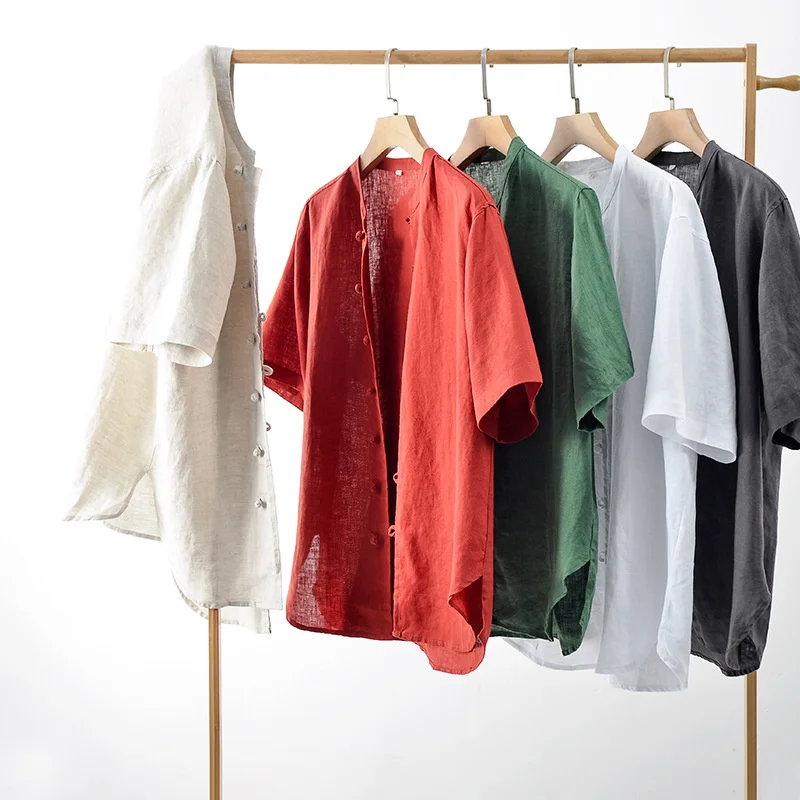 Solid Color Linen Shirts for Men's Chinese Style Buckle Shirt Casual Loose Breathable and Comf Stand Collar Short Sleeve Top