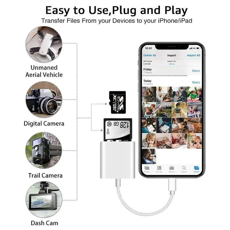 2-in-1 Lightning Flash Card Reader TF Reader 2-in1 Slot for iPhone/iPad, Suitable for Memory Card/Mini SD Card Adapter