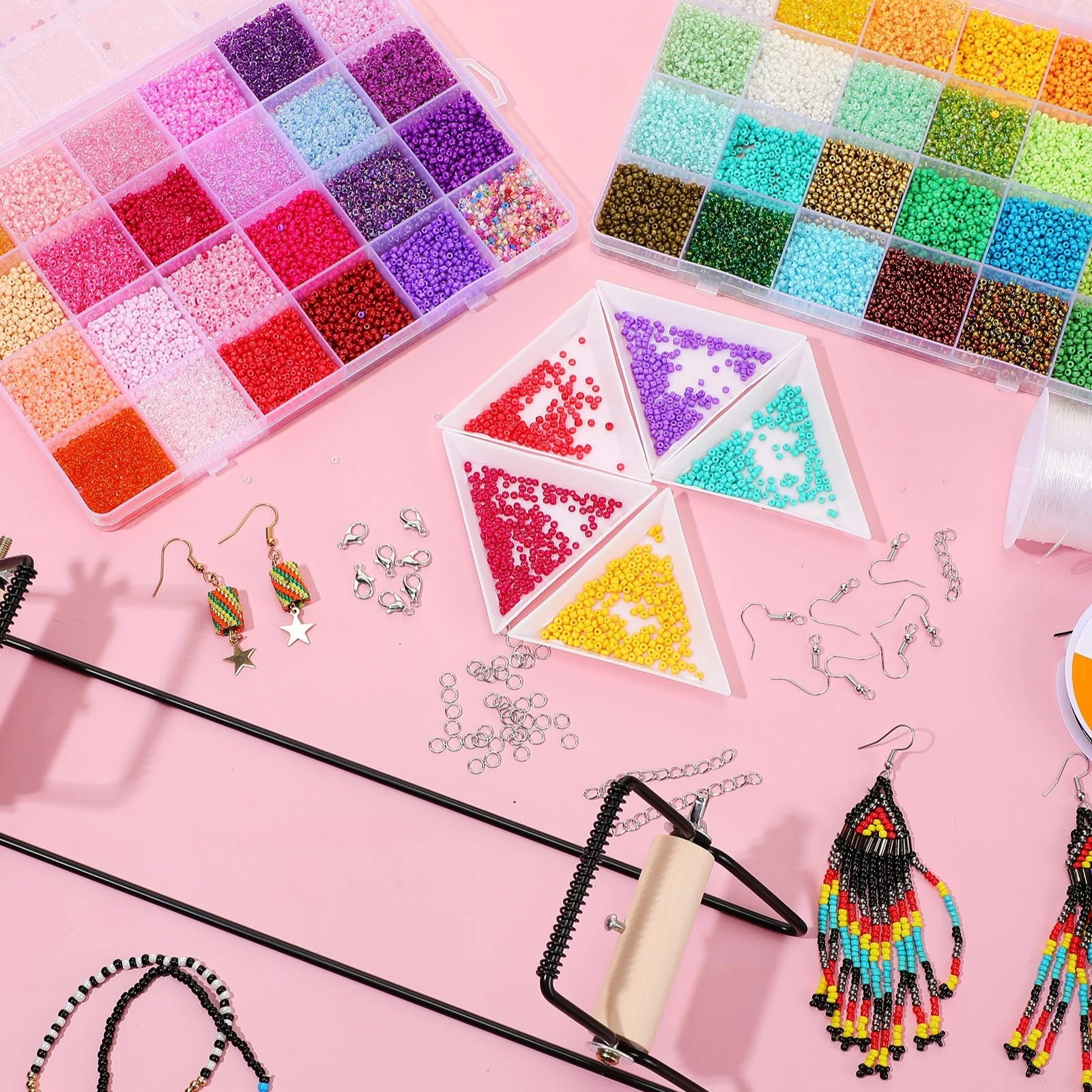 Bead Loom Kit 24000 Pc 48 Color 2mm Glass Seed Beads Includes Metal Frame Threads Clasps Hooks Bracelet Earring Necklace Making - view 6
