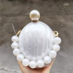 Lady Mini Manufacturer Custom Designer Travel Bag For Women Luxury Pearl White Bead Handle Oval Acrylic Evening Party Handbags