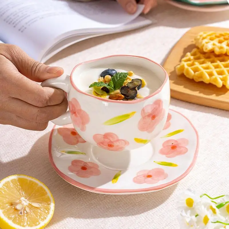 Tea Cup And Saucer Set Smooth Cup & Saucer Sets Flower Coffee Mug Sets Cute & Creative Design With Wide Cup Body