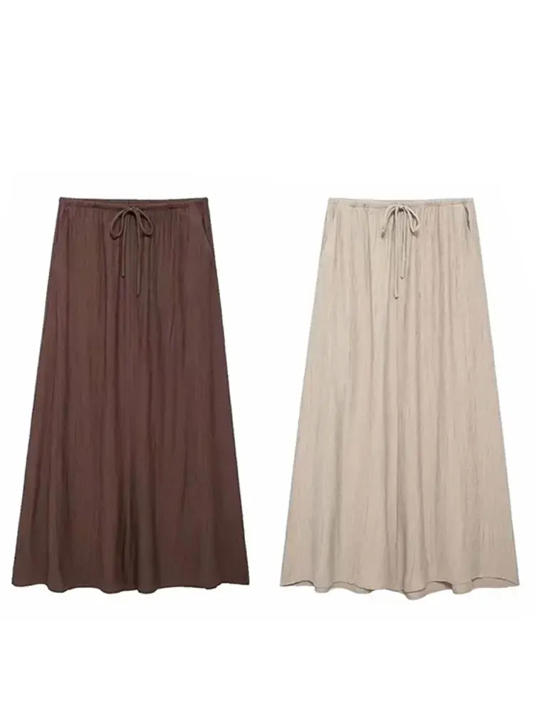 HH Women\'s Summer Elegant A-line Pleated Midi Skirt Fashion Solid Drawstring High Waist Skirts Female Casual Long Dress