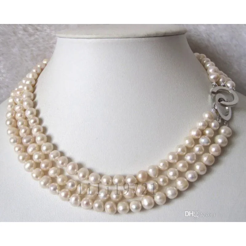 3 rows 7-8mm white freshwater cultured pearl necklace