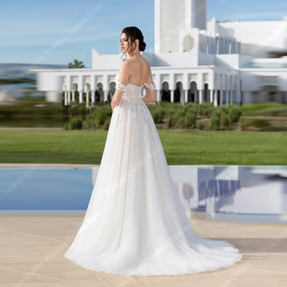 エレガントな A ラインの女性のウェディングドレスオフショルダーノースリーブ花嫁ドレスモッピング丈宴会 Vestidos De Novias カスタマイズ