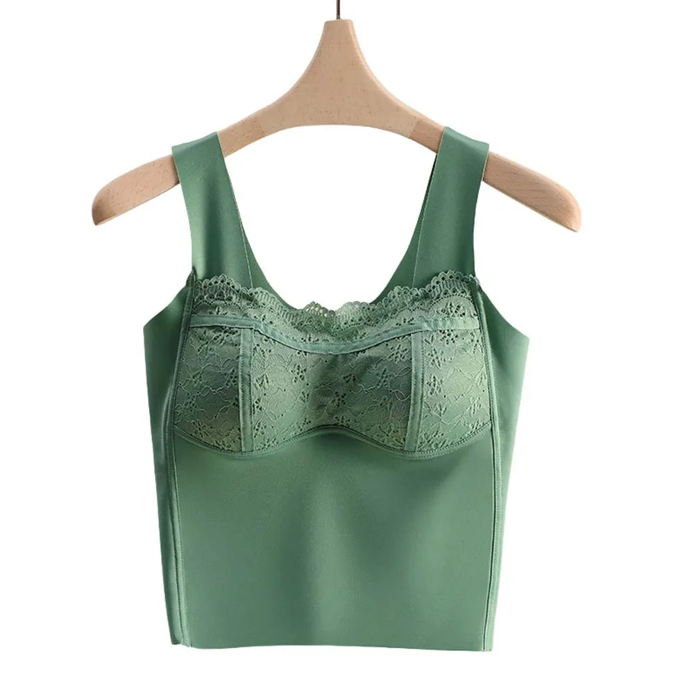 

With Chest Cushion Lace Ice Silk Camisole Solid Color Non Trace Crop Tops Tanks Slim Fit Suspender Vest Business