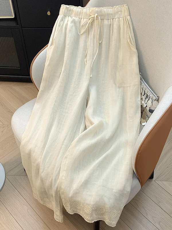 Pantaloni estivi nuovi ricamati a doppio strato a gamba larga Pantaloni casual dimagranti Dstring in vita elastica per donne taglie forti