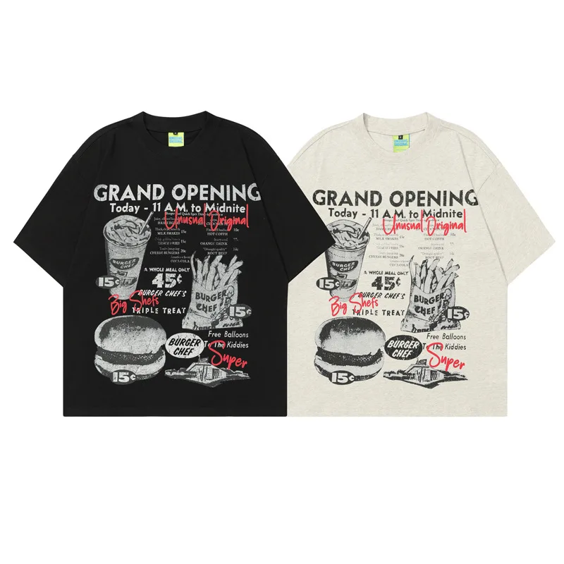 

American retro nostalgia hamburger French fries printed short-sleeved T-shirt men's fashion street loose hip hop half-sleeved to