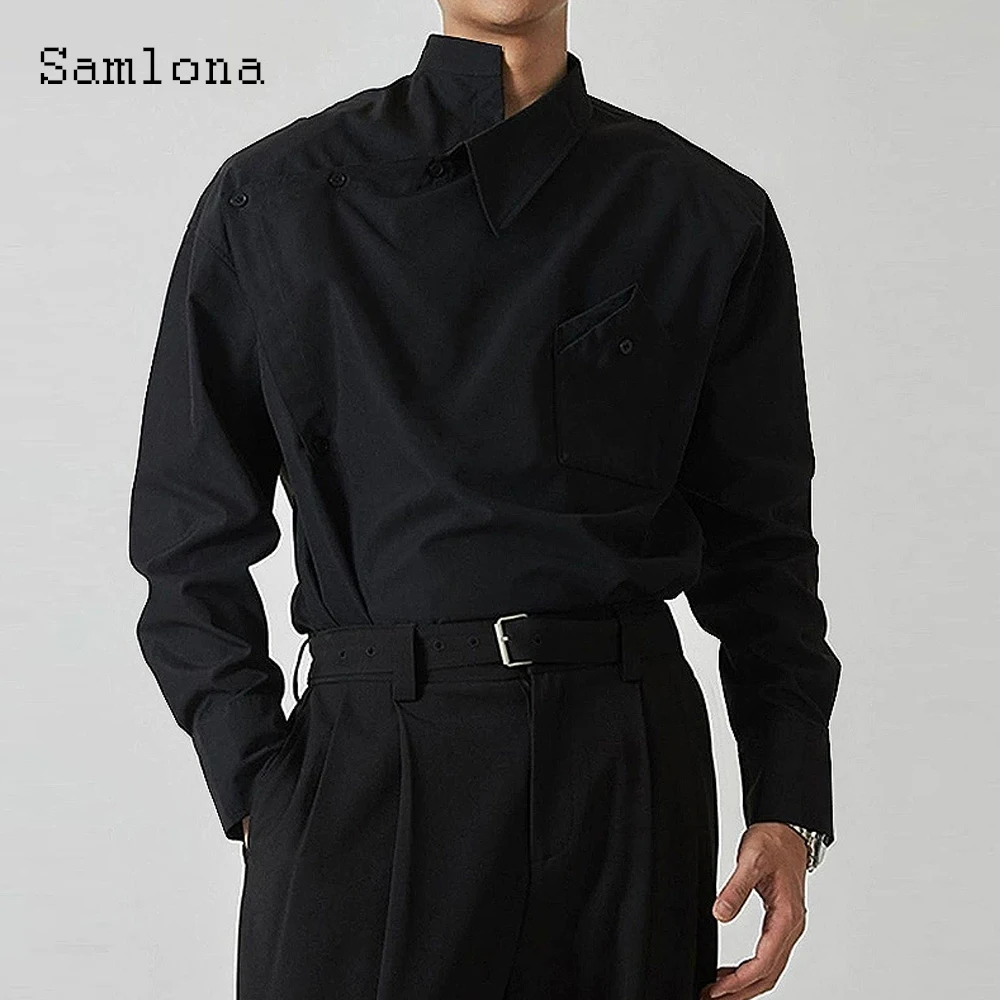 เสื้อเชิ้ตแขนยาวผู้ชาย คอเฉียง แฟชั่นยุโรป 2025 เสื้อเบสิก เสื้อเบลาส์ผู้ชาย เสื้อเชิ้ตออกงานกลางคืนสุดหรู