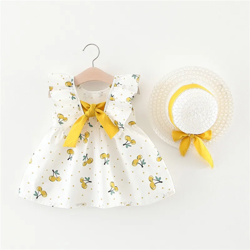 Summer 2-Piece Baby Dress+Sun Hat Bow Strap Floral Baby Girl Dress Soft And Comfortable Children\'S Clothing